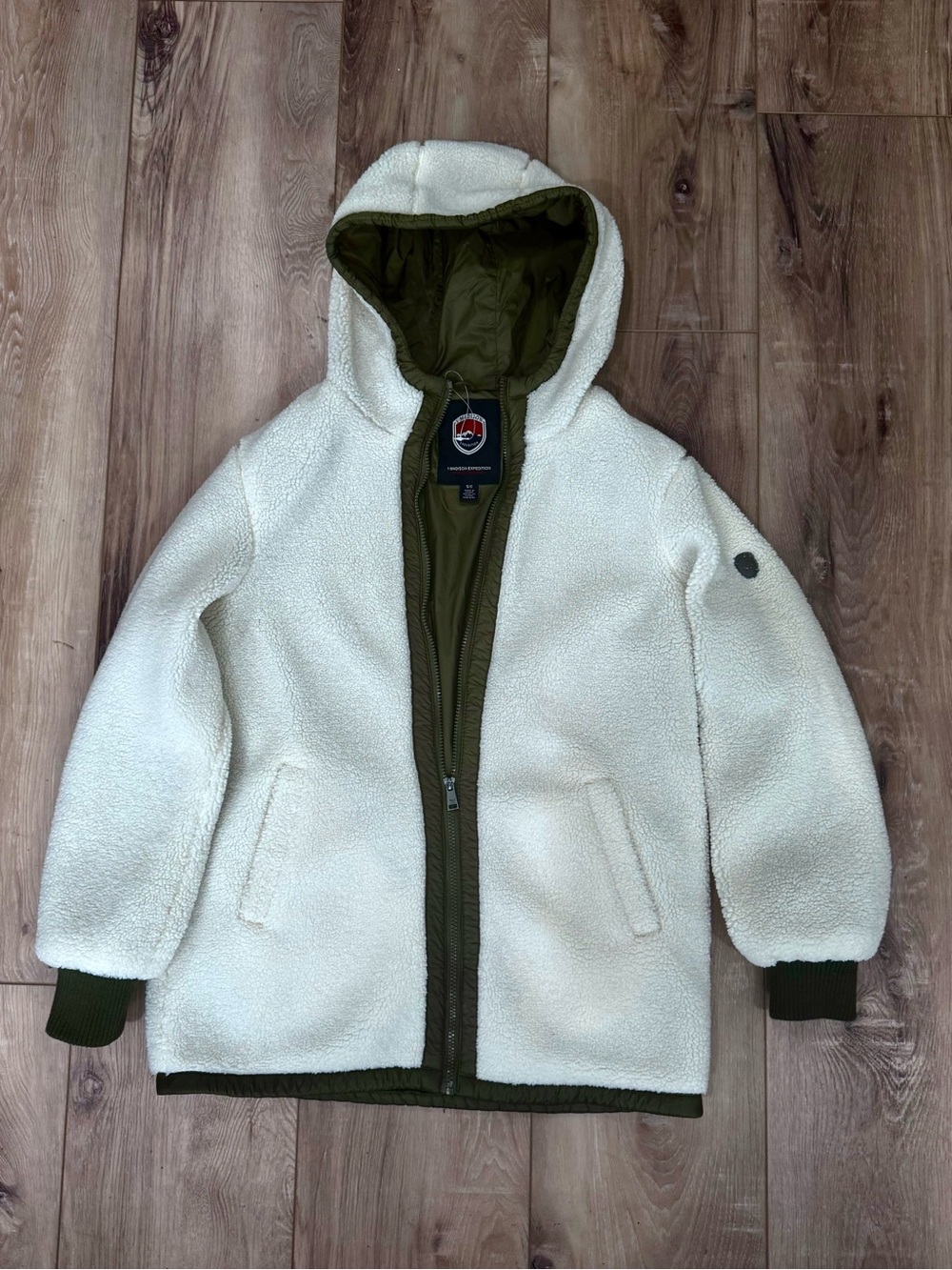 Madison Cream Sherpa Puffer Jacket with Olive Trim